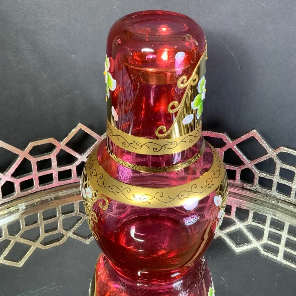 Czech Cranberry Tumble Up Bohemia Gold Guilt Applied Flowers Water Set #N1 - Picture 7 of 9